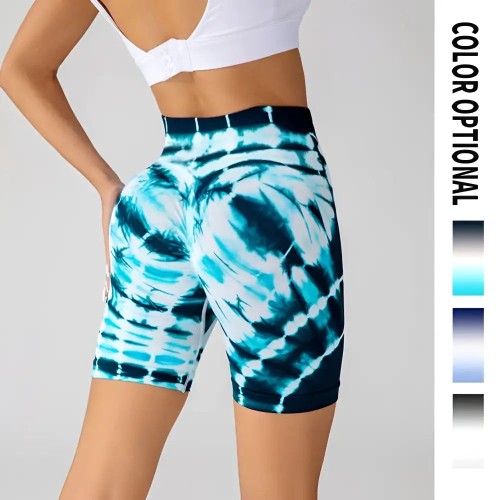 Blue and white tie-dye high-waisted printed yoga shorts featuring seamless shorts fashion for activewear use