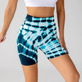Blue and white printed yoga shorts in tie-dye high-waisted design made from stretchy seamless shorts fashion fabric