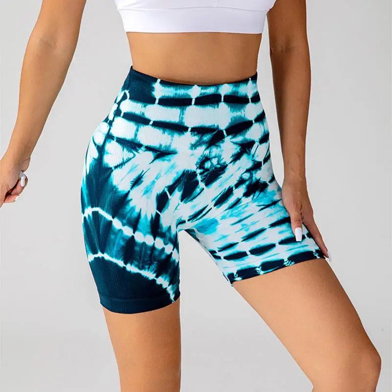 Blue and white printed yoga shorts in tie-dye high-waisted design made from stretchy seamless shorts fashion fabric