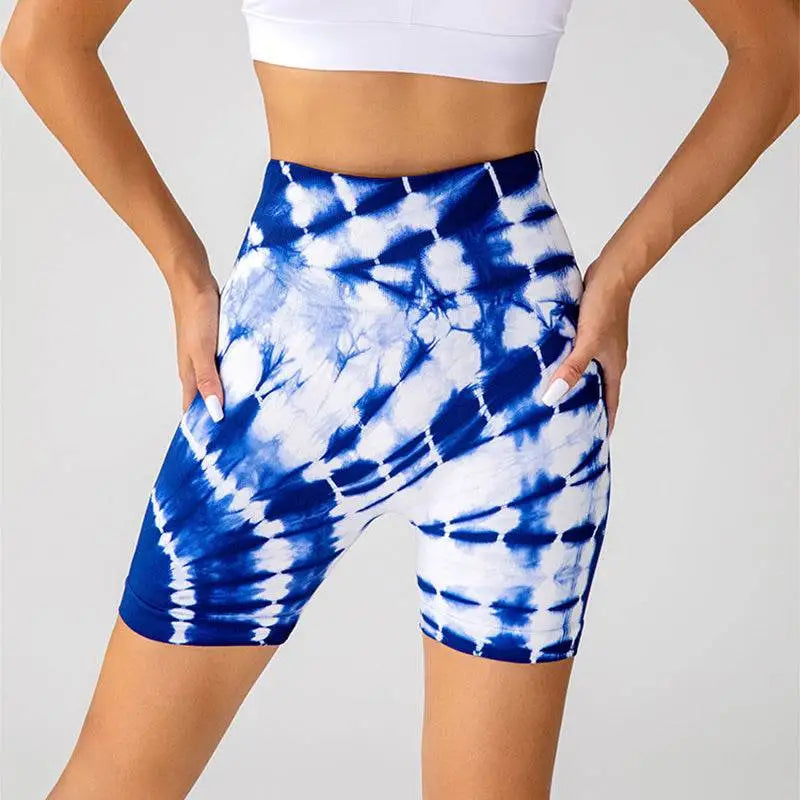 Blue and white tie-dye high-waisted printed yoga shorts featuring seamless shorts fashion for activewear use
