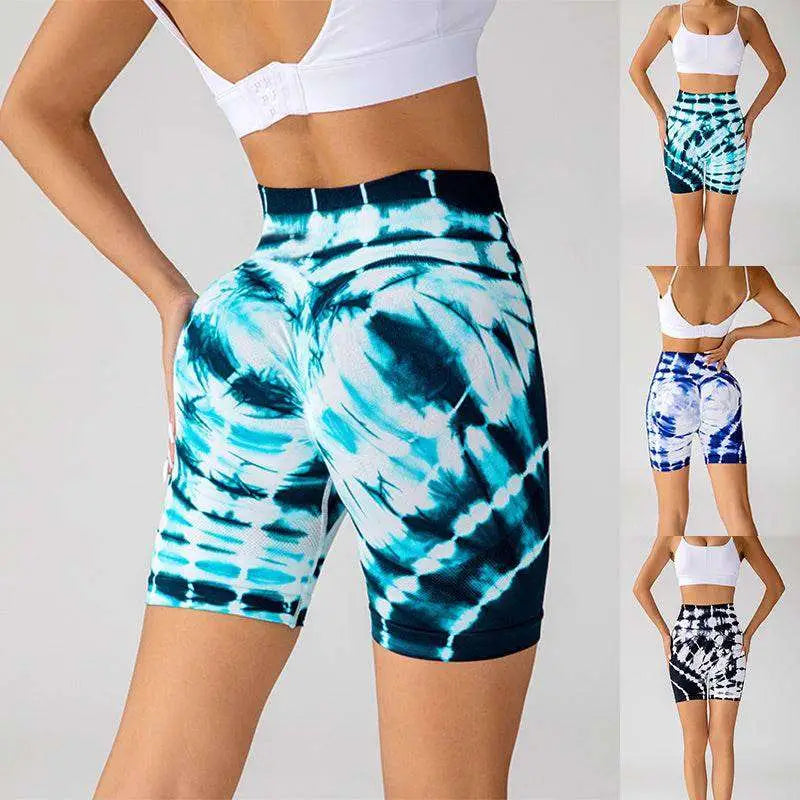 Blue and white tie-dye high-waisted printed yoga shorts featuring seamless shorts fashion for activewear use