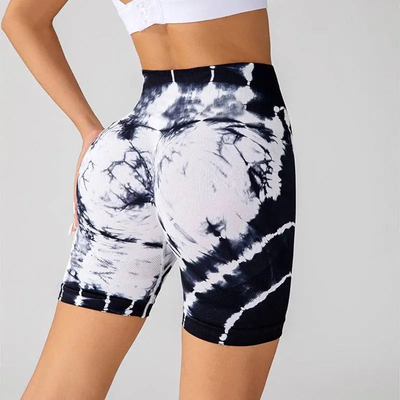 Black and white tie-dye high-waisted printed yoga shorts with a snug, seamless shorts fashion design