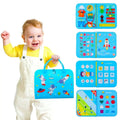 Blue astronaut montessori busy board featuring a sensory exploration bag with colorful magnetic activity pages for toddlers