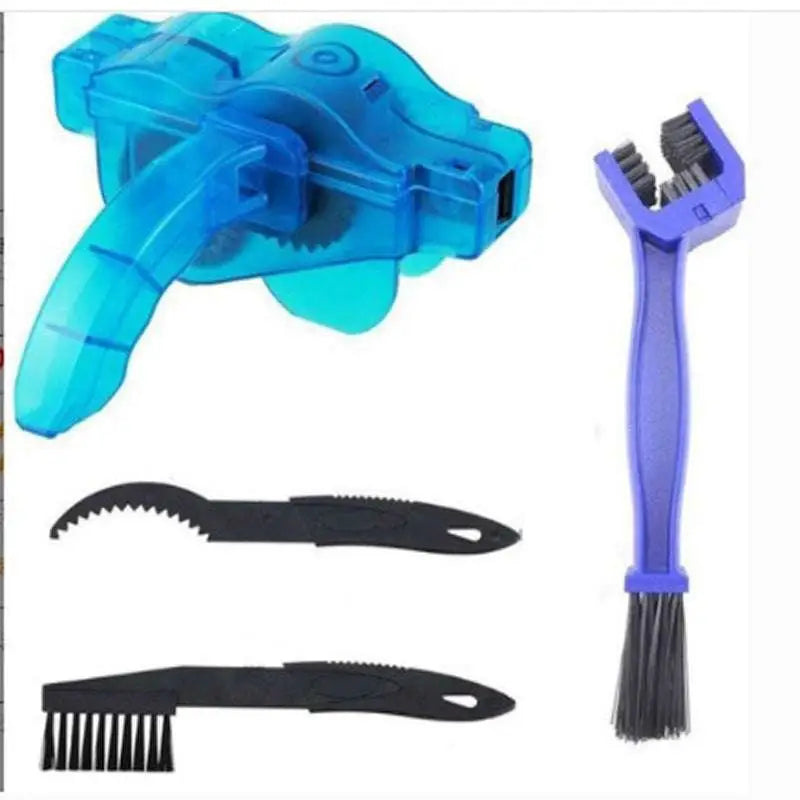 Blue plastic bicycle cleaning tool set with large bristle black metal brushes and purple-handled brush for chain cleaning