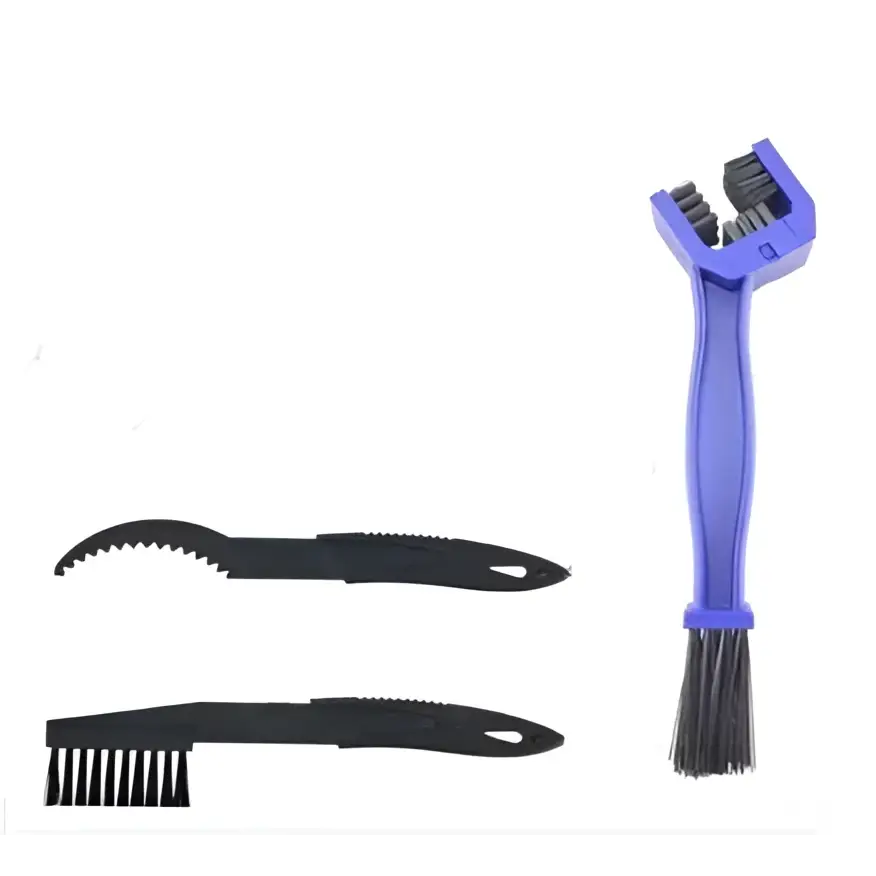 Blue plastic bicycle cleaning tool with large bristle and curved end for removing dirt from bike chains