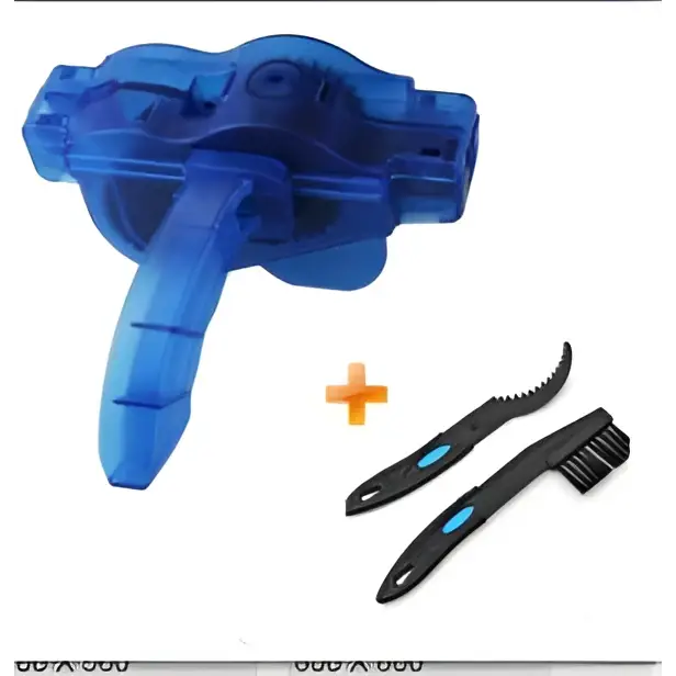 Blue plastic bicycle cleaning tool set with large bristle and black and blue brushes for thorough chain cleaning