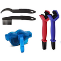 Blue plastic bicycle chain tool with integrated handle part of bicycle cleaning tool set with large bristle brushes