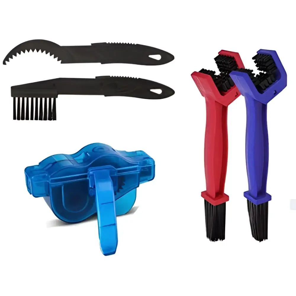 Blue plastic bicycle chain tool with integrated handle part of bicycle cleaning tool set with large bristle brushes