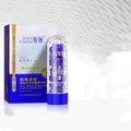 A transparent cylindrical bottle with blue base and cap filled with purple jiao chan chicken leg anti aging essence capsules