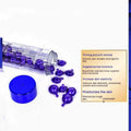 Purple gel-filled serum capsules spilling from a clear glass tube with blue cap in blue big chicken leg anti aging essence capsules