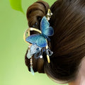 Blue butterfly mori style shark clip featuring delicate embroidery pearls beads and dangling jade-like charms