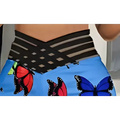 Blue butterfly slim fit pants featuring blue high-waisted shorts with a black crisscross elastic waistband and colorful prints