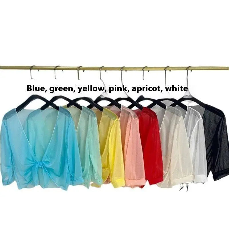 A collection of sheer chiffon short shawl tops in vibrant colors including blue featuring three-quarter sleeves for summer wear
