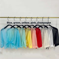 A row of vibrant sheer blouses featuring chiffon short shawl designs with three-quarter sleeves including blue chiffon short styles