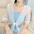 Light blue chiffon short shawl with three-quarter sleeves and a tied front knot for summer layering