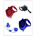 Red black and blue retractable dog leashes with ergonomic handles and matching reels paired with blue collapsible pet water bottle and pet rope