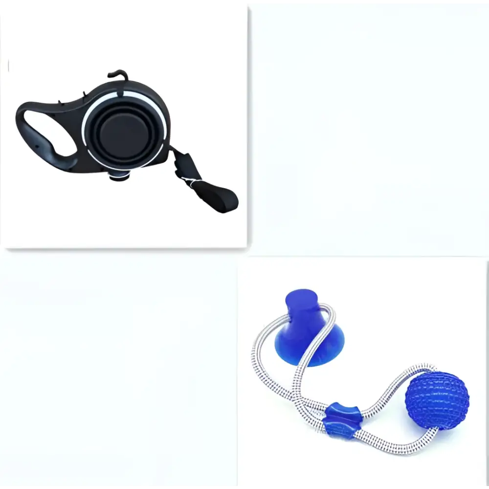 Black retractable dog leash with collapsible design and ergonomic handle paired with blue collapsible pet water bottle and pet rope