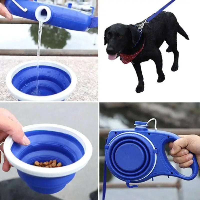 Blue collapsible pet water bottle with white rim and integrated pet rope leash reel for convenient pet supplies use