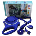 Blue retractable dog leash with collapsible circular handle and matching blue pet rope for collapsible pet water