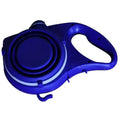 Blue plastic retractable dog leash with circular reel and ergonomic handle shown with collapsible pet water bottle and pet rope