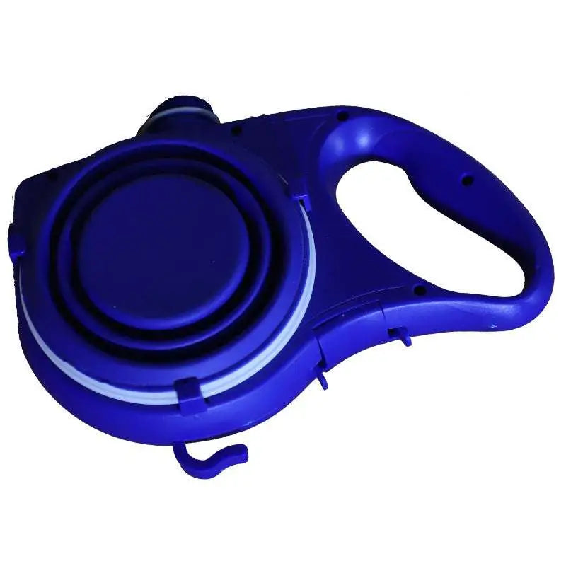 Blue plastic retractable dog leash with circular reel and ergonomic handle shown with collapsible pet water bottle and pet rope