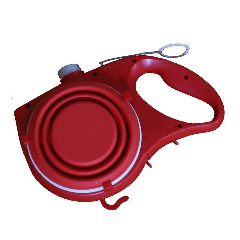 Red plastic retractable dog leash with gray cap and white accent stripe paired with blue collapsible pet water bottle with pet rope