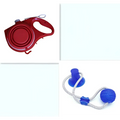 Red retractable dog leash with handle and hook shown alongside blue collapsible pet water bottle with pet rope