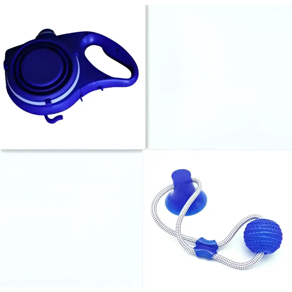 Blue retractable dog leash with handle and coiled pet rope complementing collapsible pet water bottle set