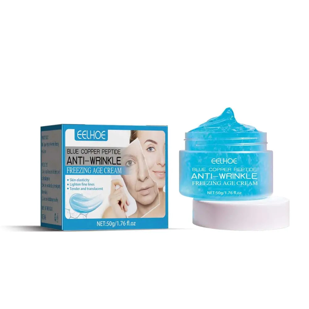 Blue copper peptide fading wrinkle moisturizing cream in a translucent blue jar with matching box for anti-wrinkle care
