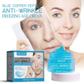 Blue copper peptide fading wrinkle moisturizing cream in a translucent blue jar with white lid and eelhoe box