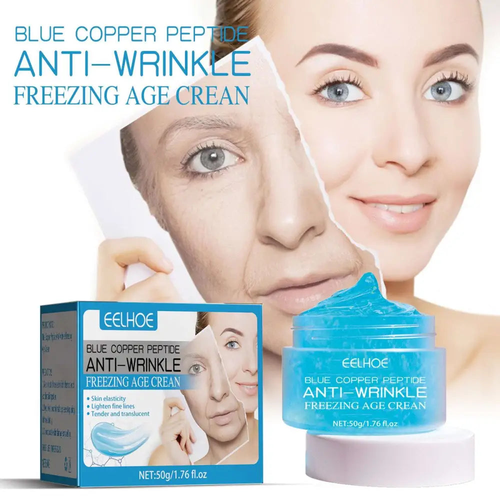 Blue copper peptide fading wrinkle moisturizing cream in a translucent blue jar with white lid and eelhoe box
