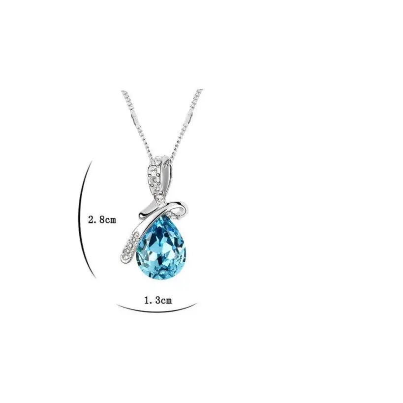 A silver-toned creative alloy necklace with a teardrop blue crystal pendant and sparkling rhinestones on the bail