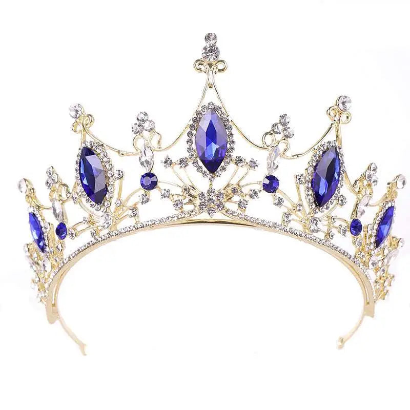Golden headband adorned with blue crystal crown bride featuring deep blue and clear crystal embellishments