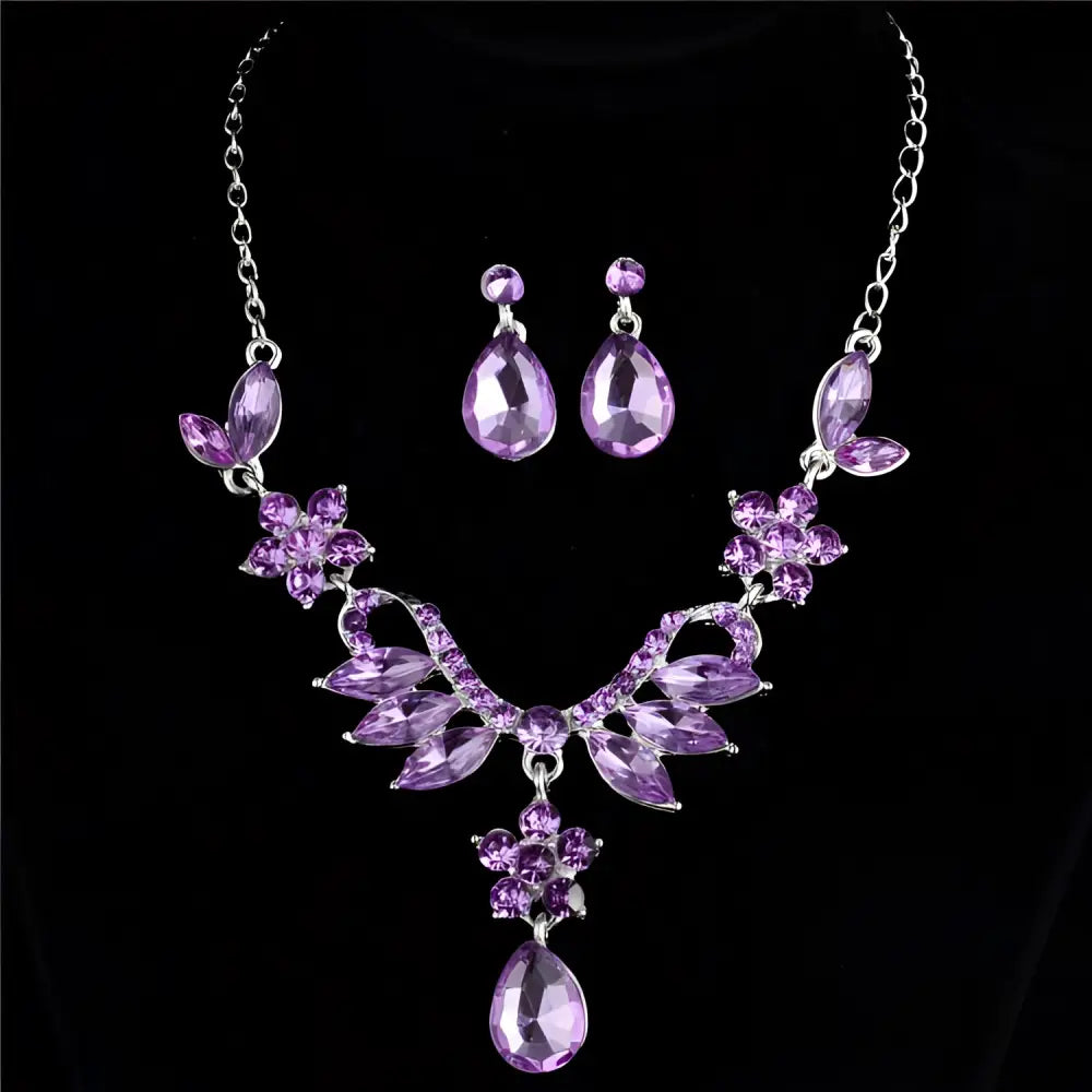 Purple crystal floral necklace with matching earrings in silver alloy for blue crystal explosion bride jewelry set