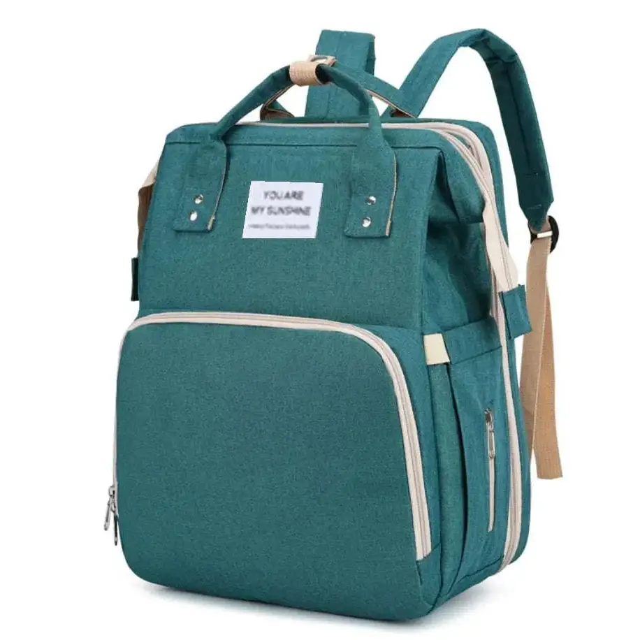 Teal canvas baby backpack with beige trim and you are my sunshine label in blue denim large capacity mommy bag for baby essentials