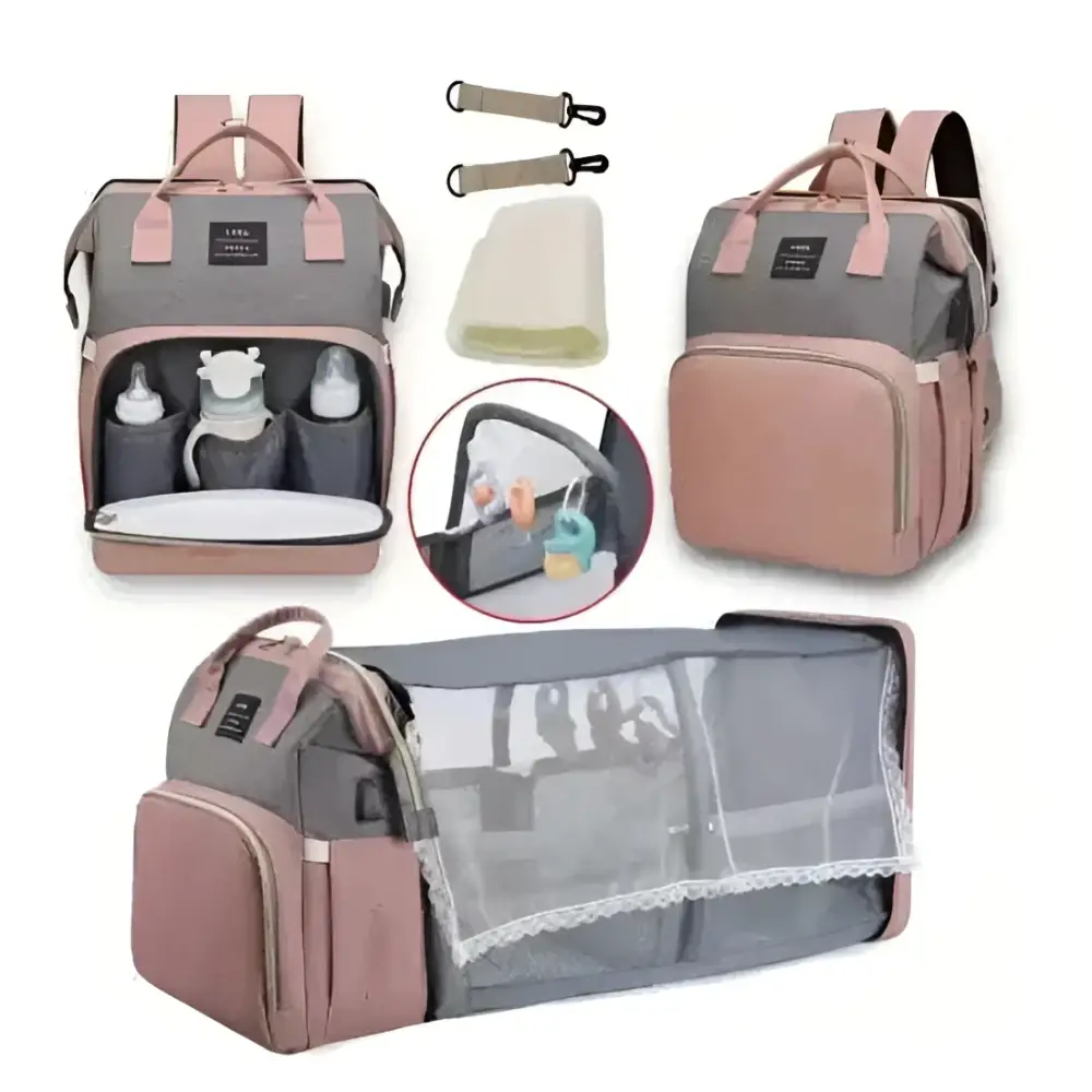 A stylish blue denim large capacity mommy bag in gray and rose gold with multiple compartments and pink fabric straps