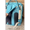 Teal blue denim large capacity mommy bag with black mesh panels and beige straps for baby essentials storage