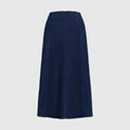 Navy blue denim women’s a-line midi dress with belt featuring a dark indigo straight-cut high-waisted skirt and visible stitching