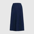 Navy blue denim women’s a-line midi dress with belt featuring a dark indigo straight-cut high-waisted skirt and visible stitching