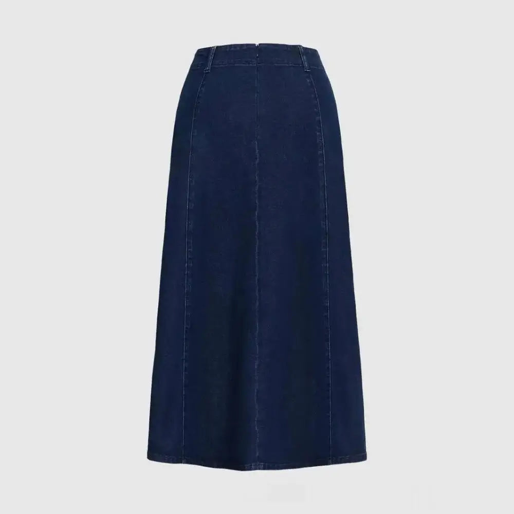 Navy blue denim women’s a-line midi dress with belt featuring a dark indigo straight-cut high-waisted skirt and visible stitching