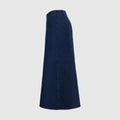 A dark indigo high waist flared denim women’s a-line midi dress with belt in navy blue denim fabric