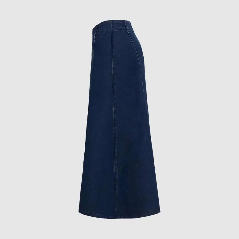 A dark indigo high waist flared denim women’s a-line midi dress with belt in navy blue denim fabric
