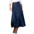 Blue denim women’s a-line midi dress with belt featuring deep indigo wash, visible stitching, and flared hem