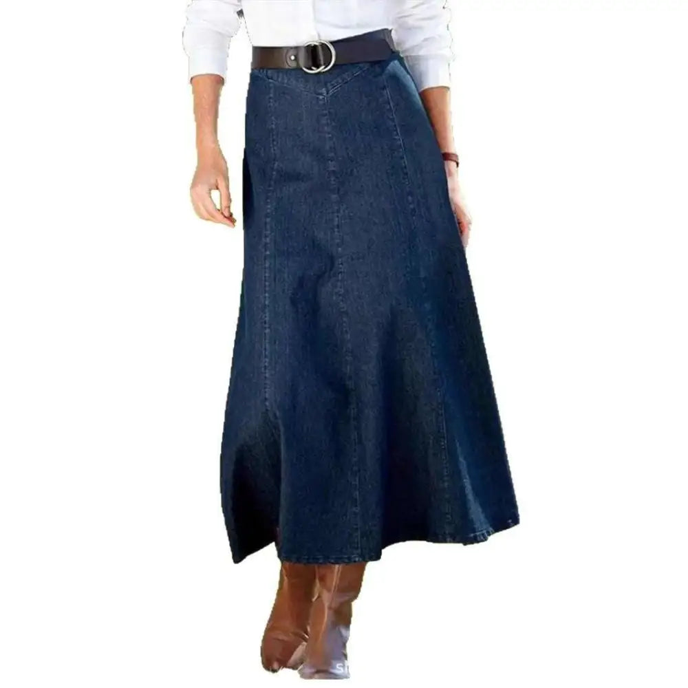 Blue denim women’s a-line midi dress with belt featuring deep indigo wash, visible stitching, and flared hem