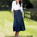 Dark blue denim women’s a-line midi dress with belt featuring a black belt and silver buckle in navy blue denim