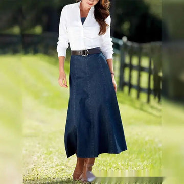Dark blue denim women’s a-line midi dress with belt featuring a black belt and silver buckle in navy blue denim