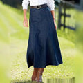 A navy blue denim women’s a-line midi dress with straight cut and belt looped at the waist