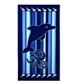 A navy blue printed beach towel with a central dolphin silhouette and fish motif printed on vertical blue stripes