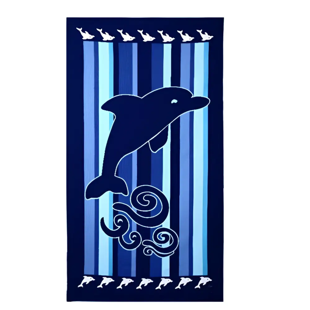 A navy blue printed beach towel with a central dolphin silhouette and fish motif printed on vertical blue stripes