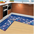 Blue fish machine washable door mat with vibrant pink white and light blue fish pattern for entryway use